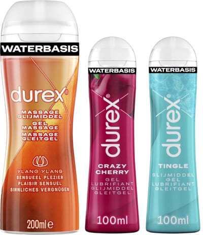 Durex - 3 Glijmiddelen - Voor Een Sensuele Aanraking - Waterbasis - Tingle 100ml- Massage Ylang Ylang 2 in 1 200ml - Crazy Cherry 100ml