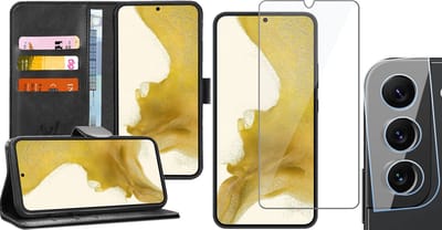 Hoesje geschikt voor Samsung Galaxy S22 Plus - Book Case Kunstleer Wallet Cover Portemonnee Pasjeshouder Hoes Zwart - Tempered Glass Screenprotector - Camera Lens Protector