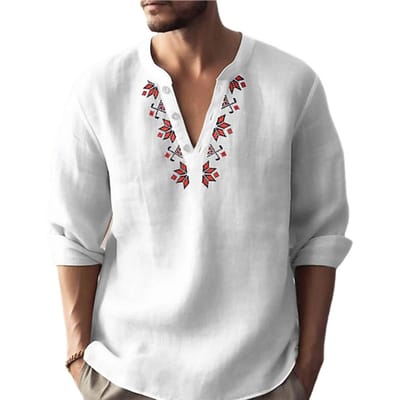 Chemise à manches longues et col en v pour hommes, imprimé géométrique, boutons, coupe ample, couleur unie, pull fin, vêtements de travail L blanc