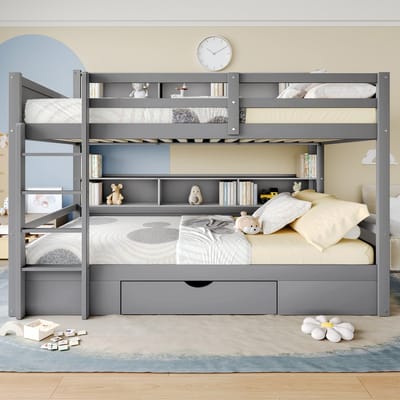Wishdor Luxe Stapelbed met Boekenkast & Lade (90x200 cm) - Houten Kinderbed - Massief Grenen - Grijs