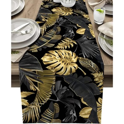 Chemin de table en lin à feuilles noires dorées tropicales Décoration de fête de fin d'année Chemin de table réutilisable pour table de cuisine et de salle à manger Décorations de mariage 150x33cm black