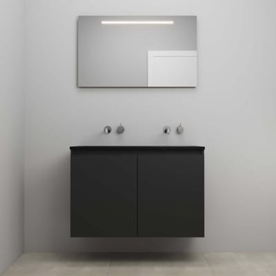 On-Line Badkamermeubelset - 100 cm - Bouwpakket - Greeploze Ladestructuur - Acryl Wastafel - zonder Kraangat - Spiegel met LED-Verlichting - Mat Zwart