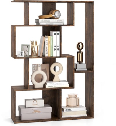COSTWAY Geometrische boekenkast, houten rek met 6 kubussen met kantelbeveiligingen, ruimteverdeler, vrijstaand, display 80 x 30 x 119 cm, staand rek voor slaapkamer, woonkamer (bruin)