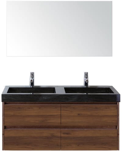 Dante Badmeubelset 120 cm - Walnoot - Wastafel Hardsteen Wit Lucca Dubbel met Spiegel