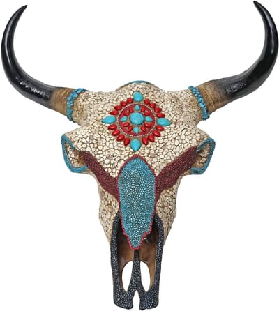 Decoratieve koe schedel MCW-D31, stierenkop dierenkop koe hoofd trofee met mozaïek, polyresin 51x50x25cm