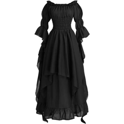 Dames Galajurk Off Shoulder Gothic Lange Hoornmouwen Irregulair Gelaagd Geplooid Elastische Strakke Taille Effen Kleur Retro Renaissanc XXL black