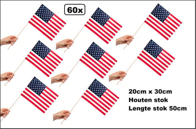 60x Luxe Zwaaivlaggetjes op stok Amerika 20cm x 30cm - lengte stok 50cm - Zwaai vlaggetjes USA thema feest voetbal festival uitdeel