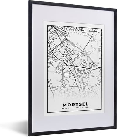 Fotolijst incl. Poster Zwart Wit- Zwart Wit – België – Plattegrond – Stadskaart – Kaart – Mortsel - 30x40 cm - Posterlijst