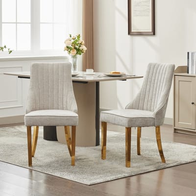 Clruro Rayon Stof Flocking Eetkamerstoelen - Set van 2 - Gouden Stalen Poten - Beige