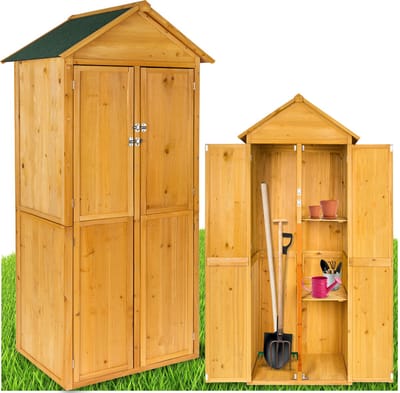 tectake® Houten Tuinkast - Buitenkast met Bitumen Dak - 80,5 x 60 x 213,5 cm - Opbergkast - Gereedschapskast met 2 planken - Terraskast - Balkonkast - Gereedschapshok