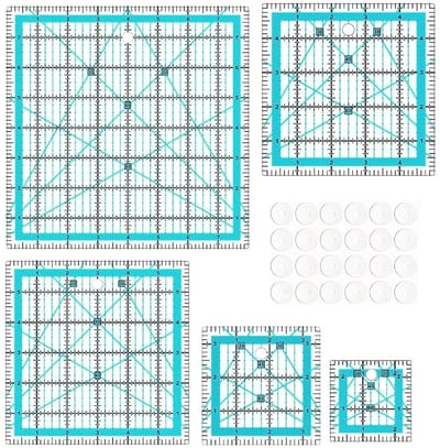 5 stuks quilt liniaal geodriehoek groot patchwork liniaal naailiniaal en 24 anti-slip stickers met hoekweergaven kleermakersliniaal strijkliniaal voor stofhandwerk doe-het-zelf (6,5/3,9/5/6/8 inch