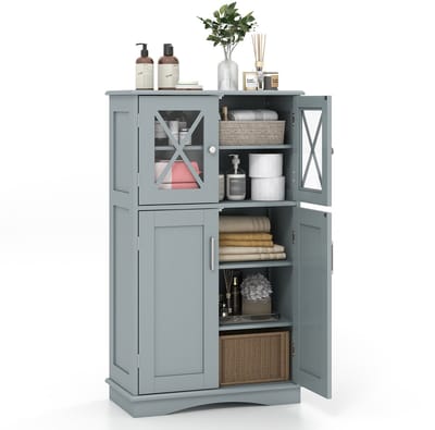 COSTWAY Badkamerkast, midi-kast met 3 verstelbare planken en 4 deuren, houten opbergkast voor badkamer, woonkamer en keuken, 60 x 30 x 108 cm (grijs)