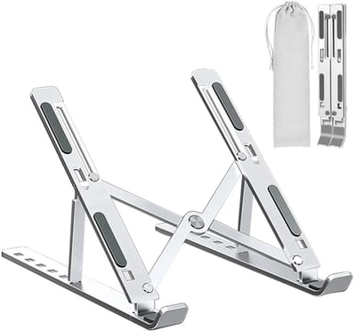 Laptop standaard - Laptop verhoger - Verstelbaar en opvouwbaar - Ergonomische laptop- en tablethouder - Aluminium met opbergzakje - Compact - Universeel - Zilver - Jonyx