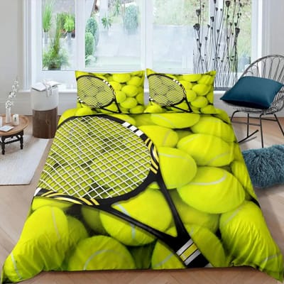 Dekbedovertrekset Tennisbal Sportspel Thema Beddengoedset Eenpersoonsmaat voor Jongens Tieners Volwassenen Tennisracket Bal Dekbedovertrek EU single(135x200cm) yellow