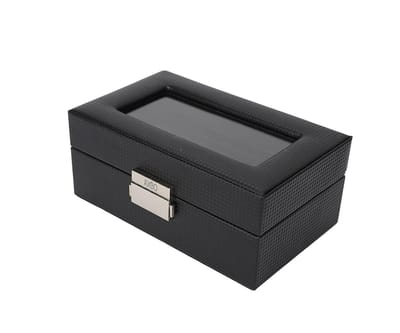 Axbo Luxe Horloge Doos – Opbergdoos – 3 Vakken – Sieradendoos – Kist - Carbon Fiber look – Verwijderbaar Kussens – Watch Box – Leder – Leer – Zwart