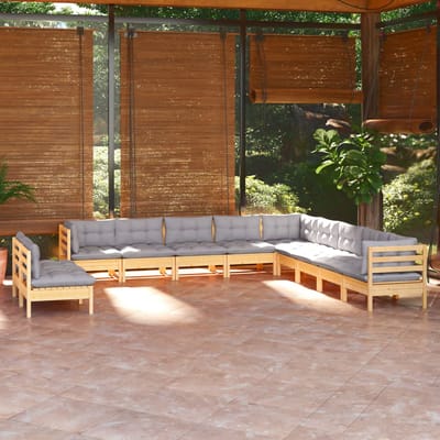 vidaXL - 11-delige - Loungeset - met - grijze - kussens - massief - grenenhout