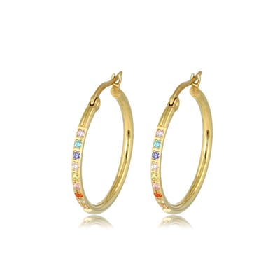 My Bendel - Goudkleurige Oorbellen Gekleurde Zirkonia 25mm x 2mm - Sprankelende Regenboog Zirkonia Oorringen 25mm - met Luxe Cadeauverpakking | Sieraden Voor Dames