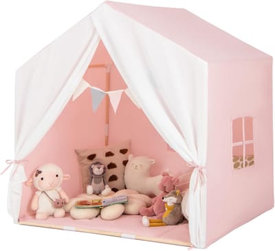 COSTWAY Kindertent met ramen, mat en houten frame, speelhuis voor kinderen met gordijn en kleurrijke vlaggen, prinsessenspeeltent voor binnen en buiten, kinderspeeltent voor jongens en sprookjes