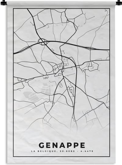 Wandkleed - Wanddoek - Stadskaart – Plattegrond – België – Zwart Wit – Genappe – Kaart - 120x180 cm - Wandtapijt