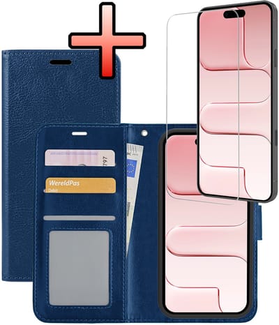 Hoesje - Met Screenprotector - Geschikt voor Apple iPhone Air - Luxe Pasjeshouder - Bookcase Portemonee - Flip Case - Kunstleer Book Case - Flipcase - Book Cover - Walletcase - Portemonneehoes - Donkerblauw