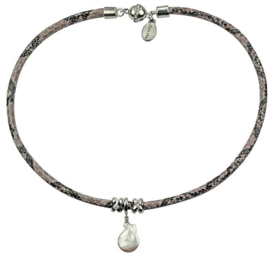 Zoetwater parel ketting Reptile White Coin - echte parel - echt leer - wit - zilver - bruin - beige - grijs - sieraden zakje - parelketting dames
