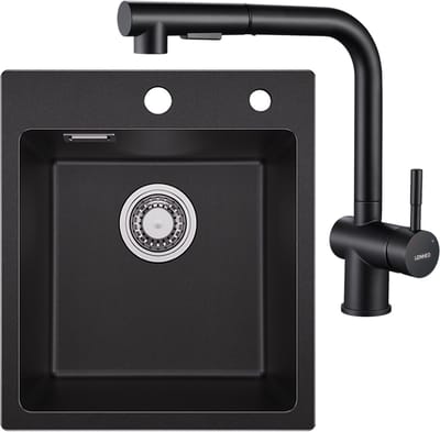 SOFETIY MAX Granieten Spoelbak voor keuken 40x45CM - Enkele Spoelbakken Met Keukenkraan met Uittrekbare Uitloop - Onderbouw Spoelbak Zwart - Met waterafvoersysteem - Voor 45 cm Kast