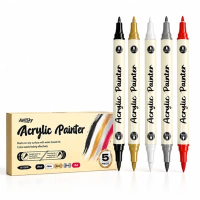 Acrylmarkers met twee punten - set van 5 witte stiften - acrylverf - voor highlights, contouren en laag over laag tekenen - basisverpakking