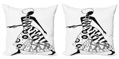 ABAKUHAUS Decoratieve kussenhoezen met Afrikaanse vrouwmotief (2 stuks), inheems tribaal design, 40x40 cm, zwart-wit