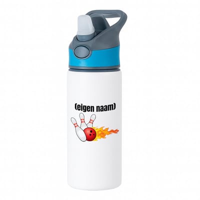 Hacebo® - bowling kegels vuur met eigen naam waterfles met rietje blauw - Bowlen - ieman die graag bowlt - sport - bal - kegels - cadeau - verjaardag - kado - water fles - 650ML