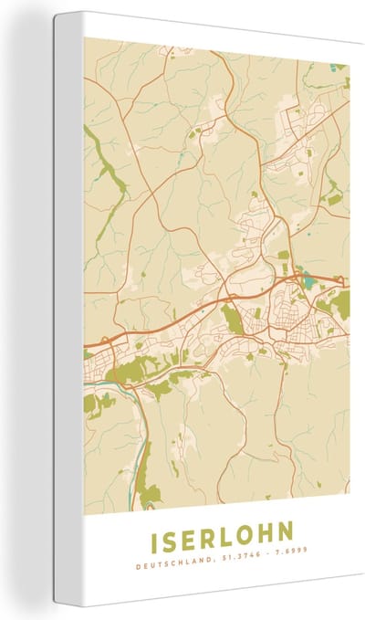 Canvas Schilderij Plattegrond - Iserlohn - Kaart - Stadskaart - Vintage - 20x30 cm - Wanddecoratie