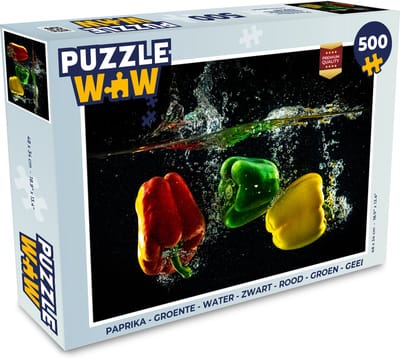 Puzzel Paprika - Groente - Water - Zwart - Rood - Groen - Geel - Legpuzzel - Puzzel 500 stukjes