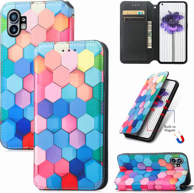 Luxe PU Lederen Wallet Case met Magneetsluiting voor Nothing Phone (1) _ Kleurrijke Honingraat