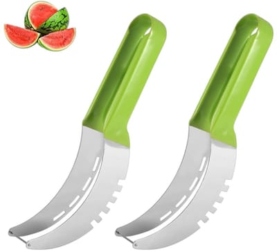 2 stuks - watermeloen snijder - meloen cutter - fruitsnijder - watermeloen verdeler- Groen + Zilver - meloenmes - Roestvrijstalen watermeloensnijder - Meloensnijgereedschap - Roestvrijstalen fruitsnijder - Fruitsnijder