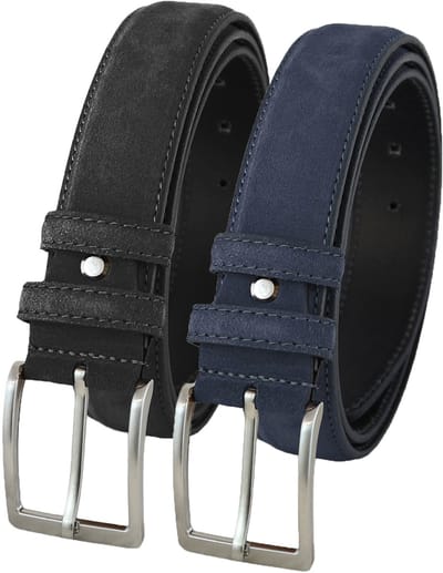 Landley Suede Pantalon Riemen Set - Suède Leren Heren Riemen Duopack - Leer - Zwart en Blauw - Lengte totaal 100 cm / Riemmaat 85