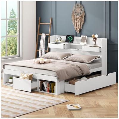 Tweepersoonsbed - MUVOE - 140x190 cm - USB-poort - Grote opbergruimte - Wit wit
