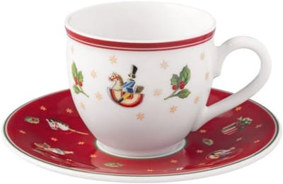 Espressokopje met schotel 70 ml Kerstservies Hard Porselein Wit Rood Rond