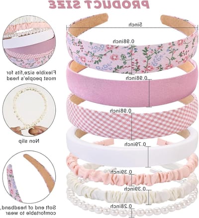 Set van 7 Antislip Hoofdbanden voor Vrouwen en Meisjes, Gewatteerde Vintage Bloemen en Parel Design, Brede Mode Accessoires voor Diverse Stijlen