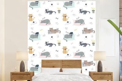 Behang - Fotobehang Katten - Huisdieren - Patronen - Breedte 225 cm x hoogte 280 cm