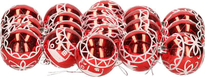 24x stuks gedecoreerde kerstballen rood kunststof diameter 6 cm - Kerstboom versiering
