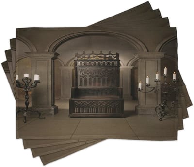 ABAKUHAUS gotische placemats, koninklijke troon in een middeleeuws kasteel – Renaissance-Koninkrijk-Erfgoed-Retro-antiek foto, onderzetters van wasbaar stof, tafeldecoratie met druk, beige-bruin