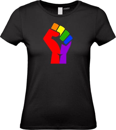 Dames T-shirt Regenboog Vuist | Gay pride shirt kleding | Regenboog kleuren | LGBTQ | Zwart dames | maat XS