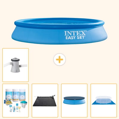 Intex Rond Opblaasbaar Easy Set Zwembad - 305 x 61 cm - Blauw - Inclusief Onderhoudspakket - Solar Mat - Afdekzeil - Grondzeil - Zwembadfilterpomp - 6-delig