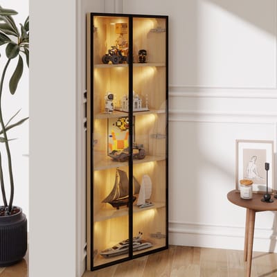 DESMIU Hoekvitrine - Met Gehard Glas En Ledverlichting - Ruimtebesparend Voor Woonkamer En Hal - MDF In Eikenlook - 62x35x160 Cm