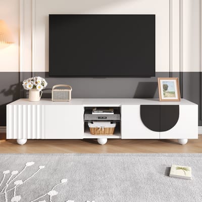 PHOEBE CAT TV-kast - Vierdeurs - Lage kast - Bolvormige poten - 180 x 40 x 41.5 cm - Wit + Zwart