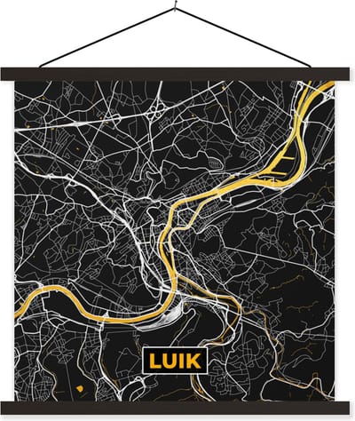 Posterhanger incl. Poster 60x60 cm - Schoolplaat - Luik - Gold - Stadskaart - Plattegrond - Kaart - Textielposter - Zwarte latten - Stadskaart