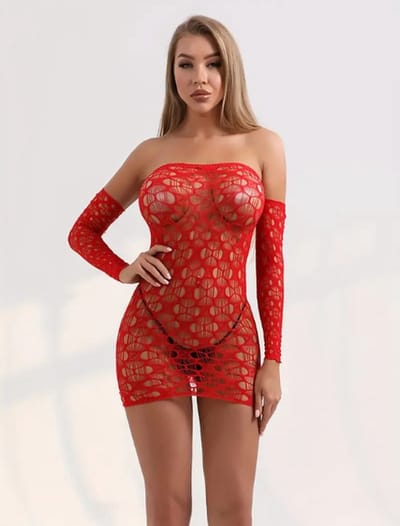 LekkerStout Jacquard Bodycon Jurk - Sleeves - Rood - Sexy Lingerie | S-L | ( LS104 )