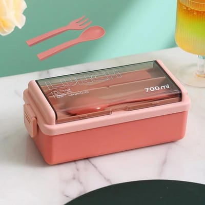 Draagbare Enkel-/dubbellaagse Lunchbox voor Kind met Vork en Lepel Magnetron Lekdicht Afgesloten Bento Box Student Werknemer Lunchbox blue