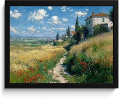 Poster in lijst - Fotolijst 40x30 cm - Posters - Zandpad - Huis - Bomen - Grasveld - Posterlijst zwart - Decoratie - Wanddecoratie woonkamer - Muurdecoratie slaapkamer