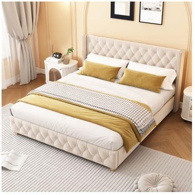 Lit - MUVOE - 180x200 cm - Gestoffeerd - Hoofdbord met knopen - Lichtbeige beige