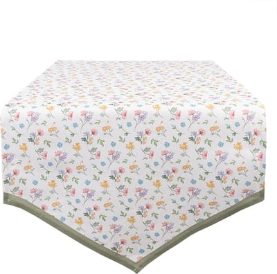 Clayre & Eef Tafelloper 50x160 cm Wit Groen Katoen Bloemen